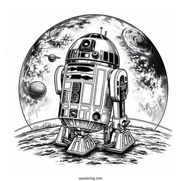 Realistic R2-D2 Coloring Page Outline On A Planet