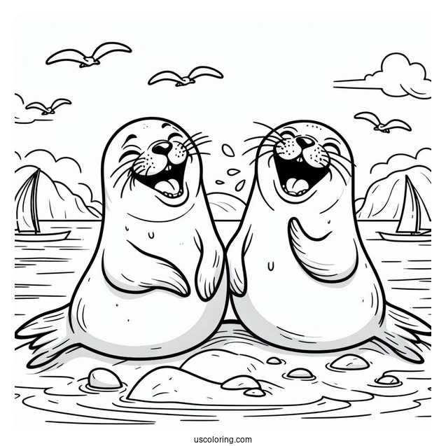 Two Seal Coloring Page Laughing On Land