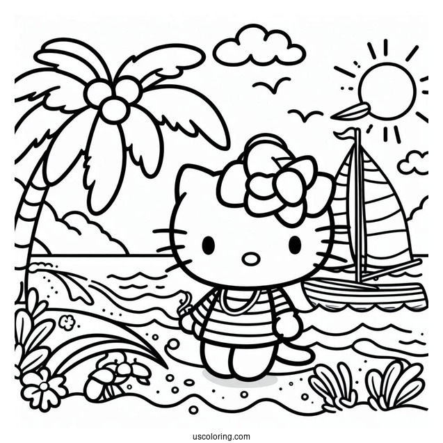 Pretty Hello Kitty At The Beach With A Sailboat Behind Her