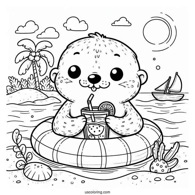 Cute Otter Coloring Page In Floater Drinking Iced Tea At Beach