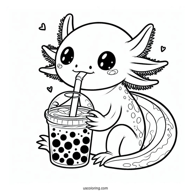 Axolotl Coloring Page Drinking Boba Tea For Kids
