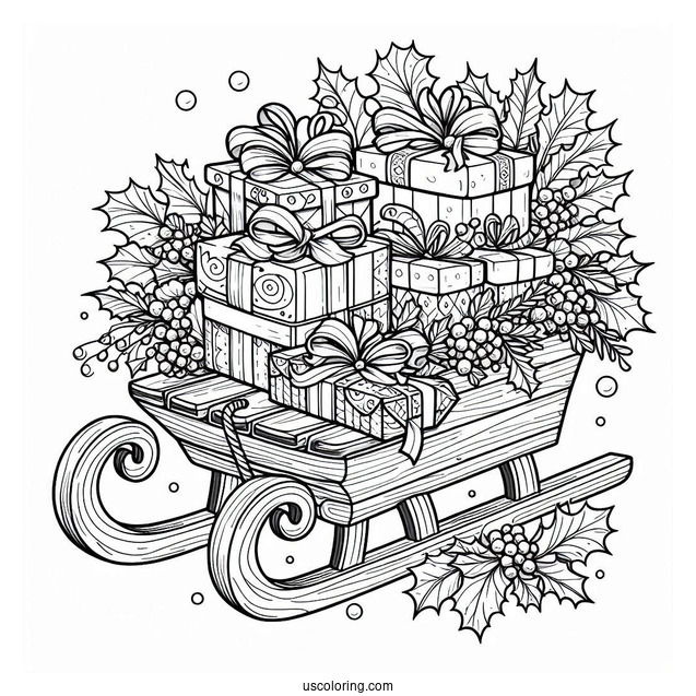 Christmas Coloring Pages For Adults Of Christmas Sled Filled With Hollies, Presents, And Mistletoes
