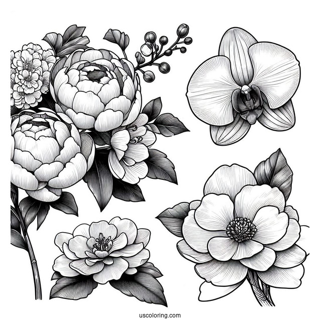Flower Coloring Pages Of Classic White Peony, Orchid, Hydrangea, And Magnolia