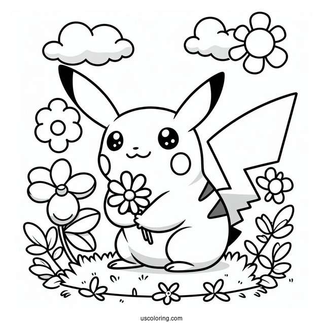 Easy PIkachu Holding A Flower In Spring Coloring Sheet For Kids