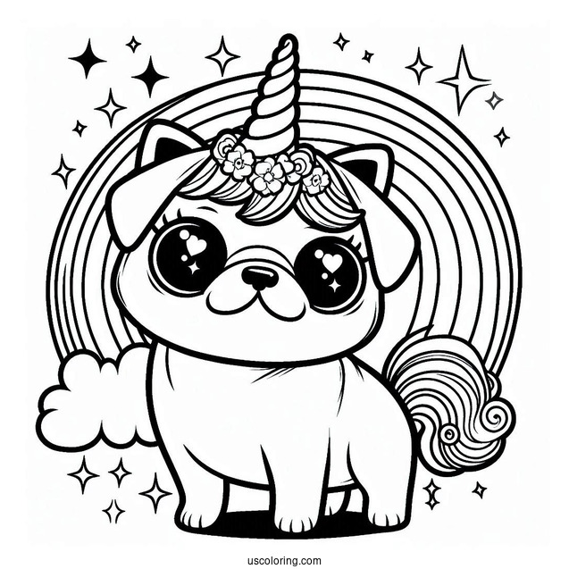 Magical Pug Coloring Page with Unicorn Horn and Rainbow Background