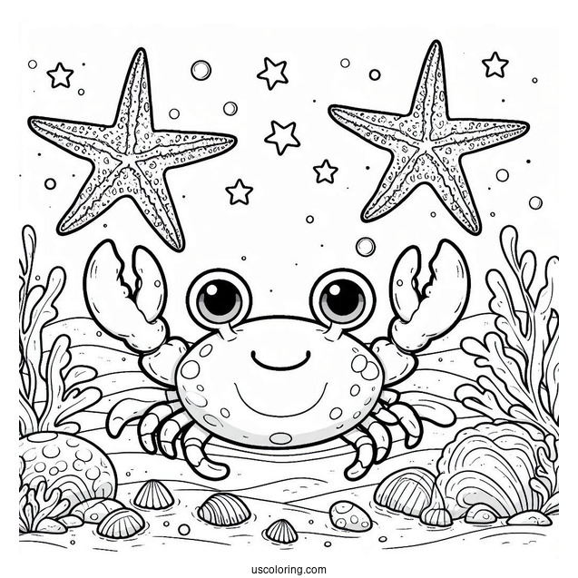 Cartoon Crab Approaching Starfish Coloring Page At Sea