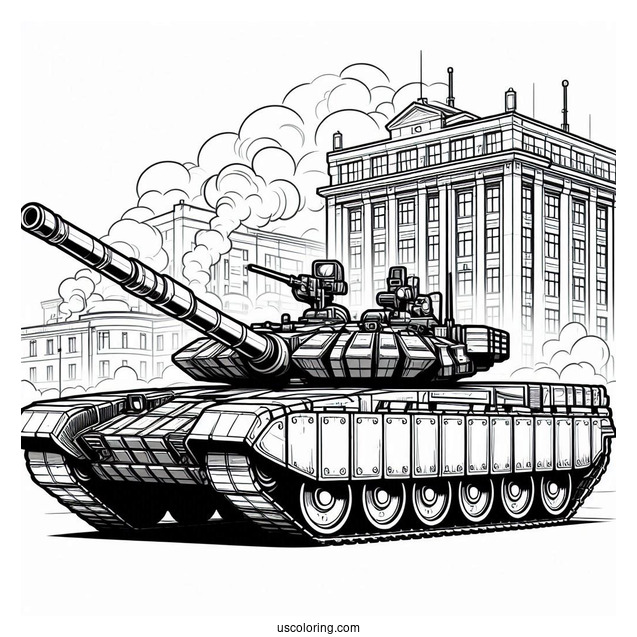 Simple Armata Russian Tank With Smoking Building in Background