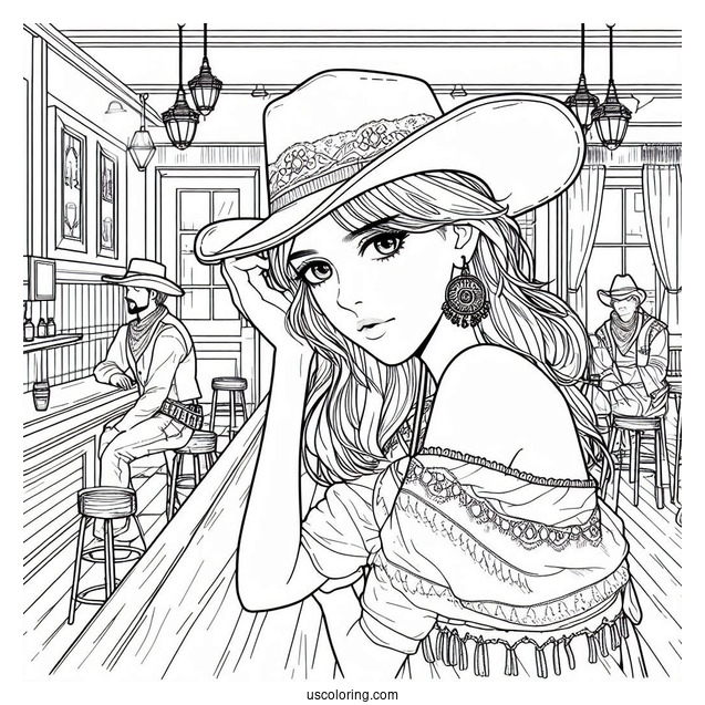 Female Cowboy Coloring Page In Saloon