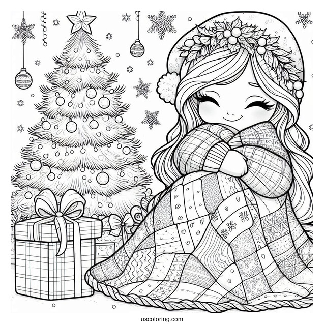Christmas Coloring Pages For Adults Of Cartoon Woman Wrapped In Quilt In Front Of Christmas Tree