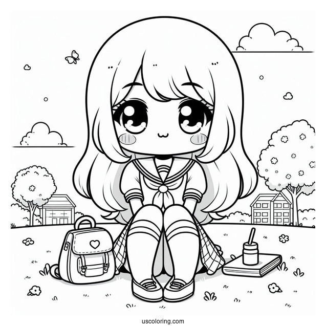 Kawaii School Girl Sitting In A Park Coloring Page