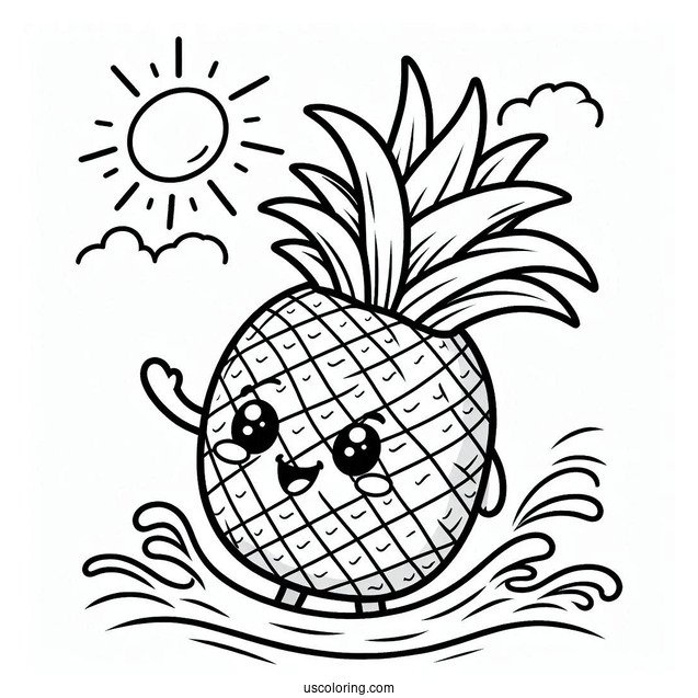 Waving Pineapple Coloring Page Character Smiling Under the Sun For Kids