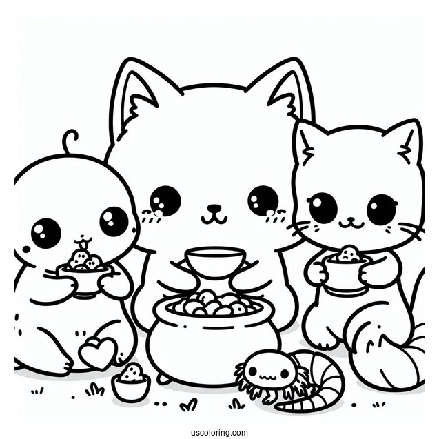 Kawaii Fox, Bird, Axolotl, And Cat Eating Together