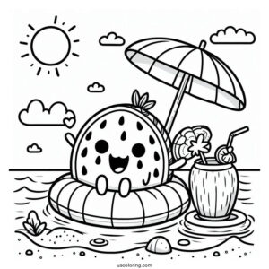 Summer Coloring Page Of Happy Watermelon On A Floatie With A Coconut Drink