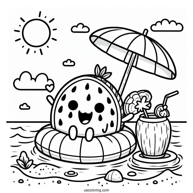 Summer Coloring Page Of Happy Watermelon On A Floatie With A Coconut Drink