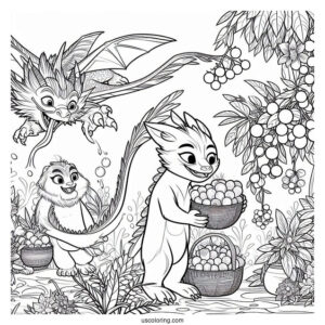 Raya And The Last Dragon Coloring Page Of Noi Stealing Fruits With The Ongis