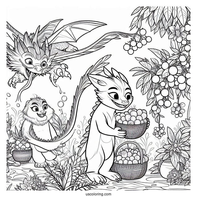Raya And The Last Dragon Coloring Page Of Noi Stealing Fruits With The Ongis