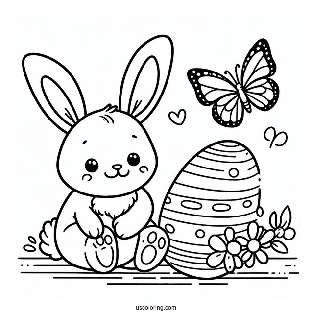 Easy Easter Bunny Coloring Page With Egg And Butterfly