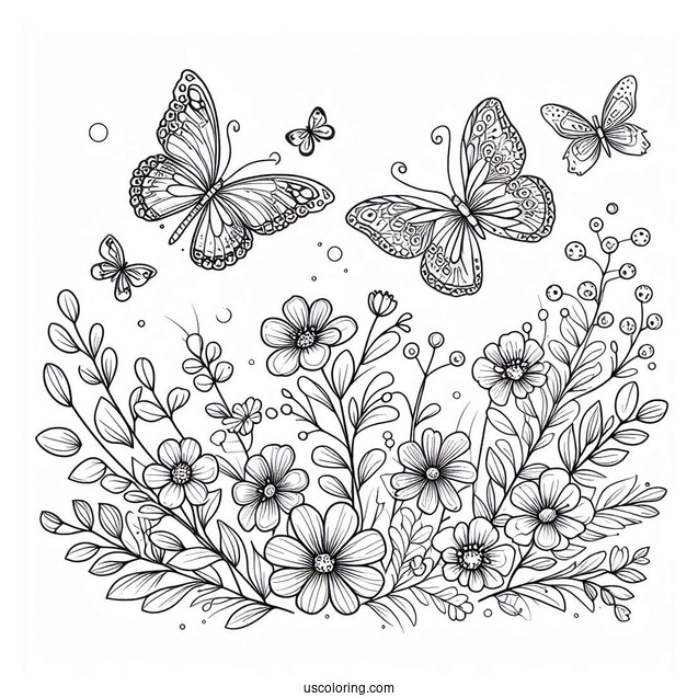 Butterflies Hovering Above Flowers In Spring