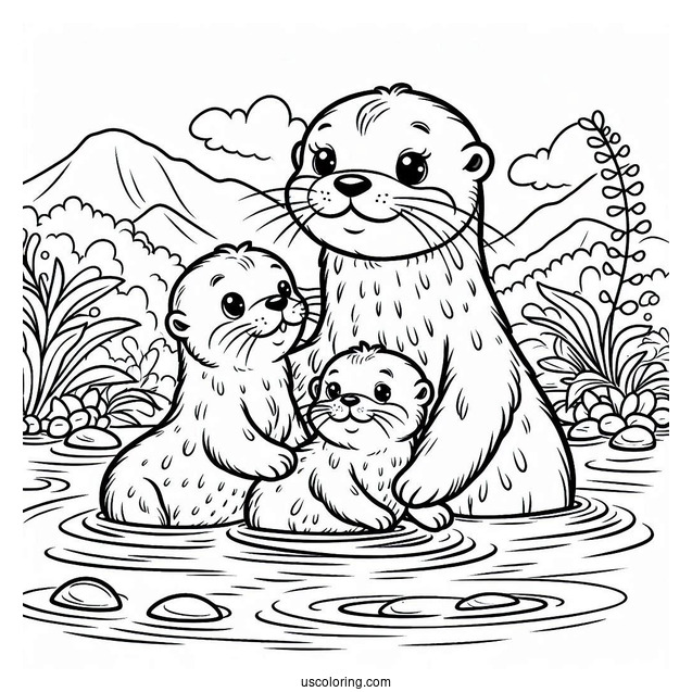 Mama And Papa Otter Coloring Page With Babies Floating On River