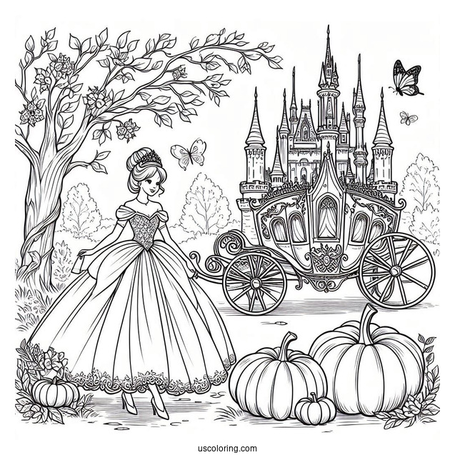 Cinderella With Pumpkin Coach, Castle And Fairy Godmother