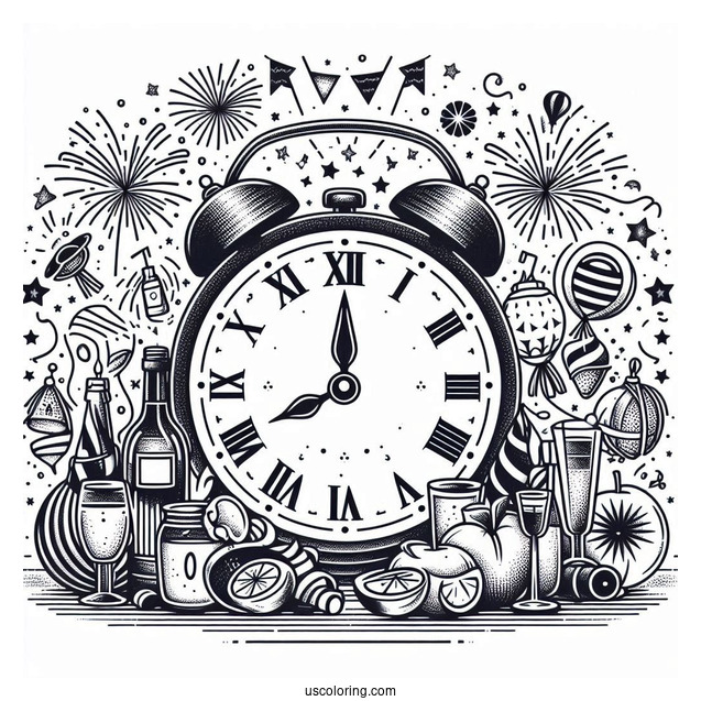 Large Party With A Massive Clock Striking Twelve On The New Year Coloring Page