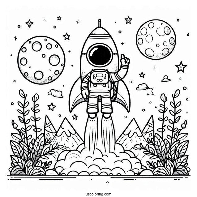 Rocket On The Moon With Astronaut Coloring Page For Kids
