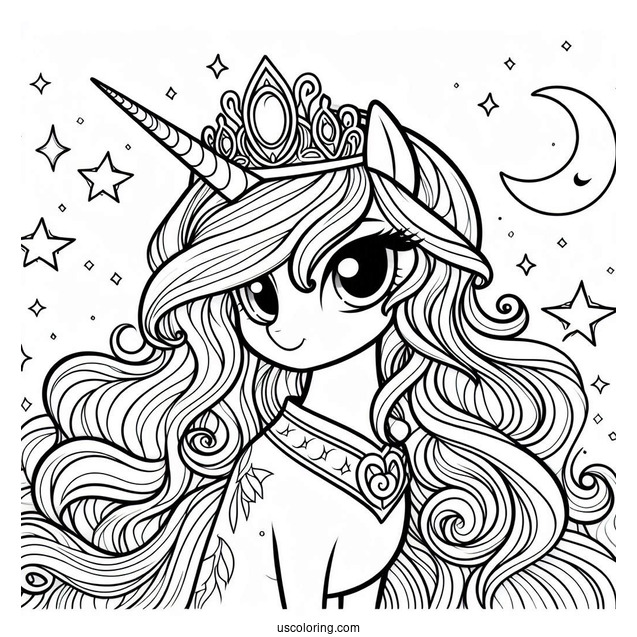 Princess Luna Coloring Page Wearing Crown With Starry Background