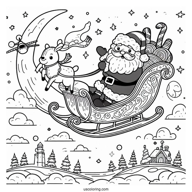 Santa Flying On A Sleigh Over The North Pole Coloring Page For Kids