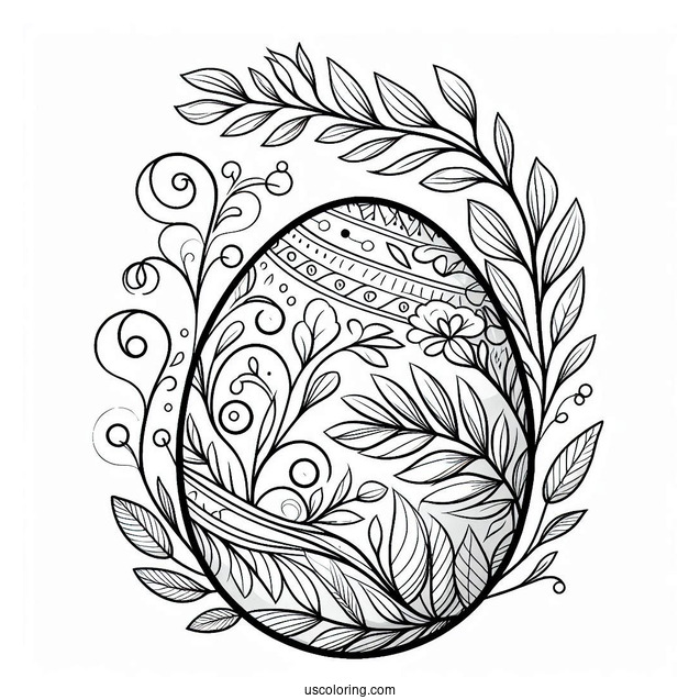 Easter Egg Coloring Page With Leafy Vines and Petals For Adults