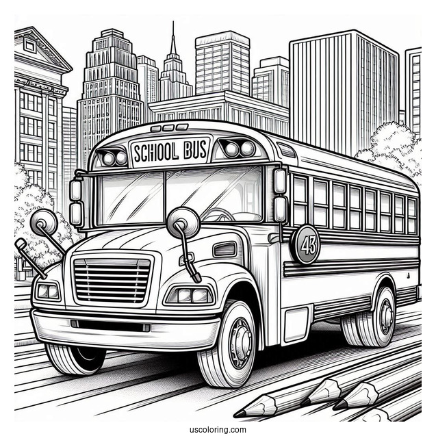 Realistic School Bus Coloring Page In A Busy City