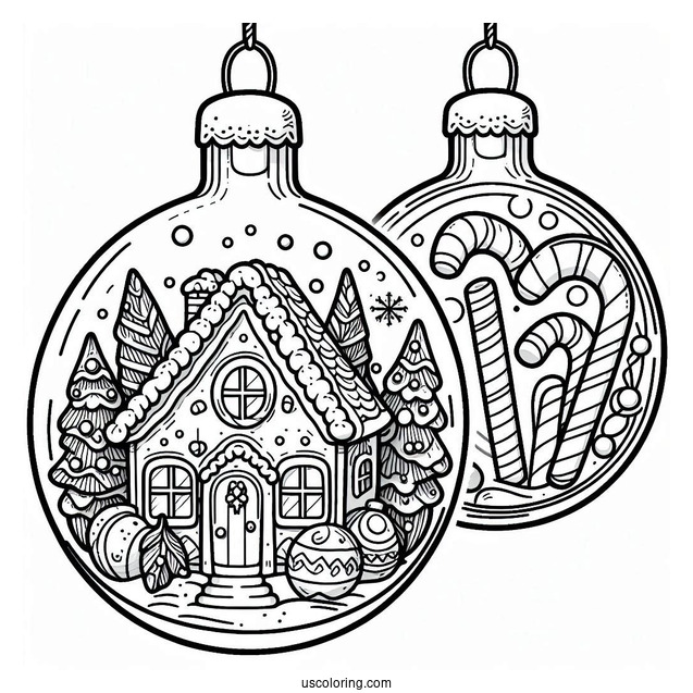 Gingerbread House And Candy Canes Inside Bauble Christmas Ornaments Coloring Page
