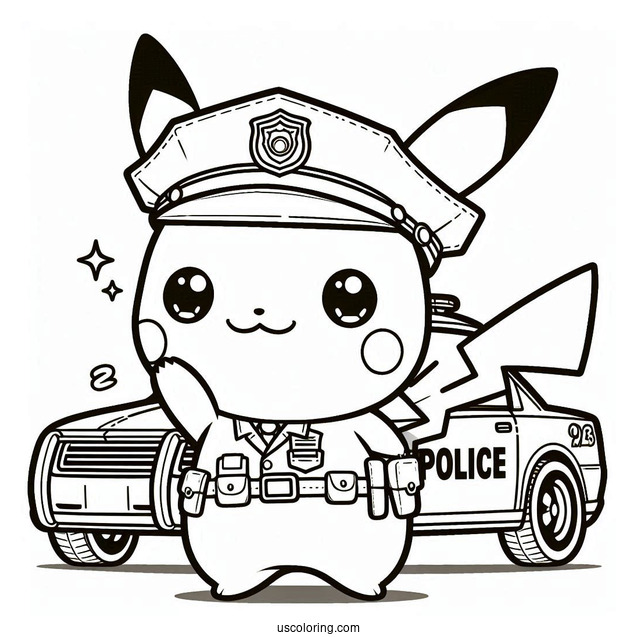 Officer Pikachu Outside Police Car Coloring Page For Kids