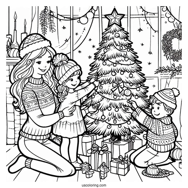 Family Decorating a Christmas Tree