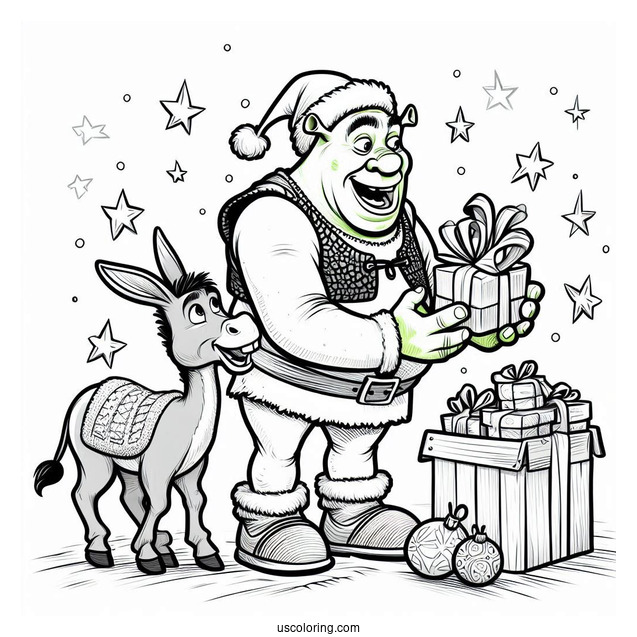Christmas Themed Shrek And Donkey Coloring Page