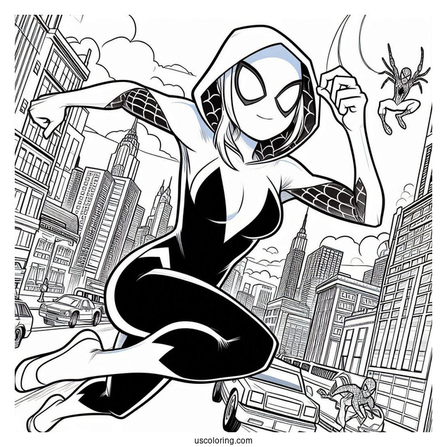 Comic Spider-Gwen Coloring Page Running In The City