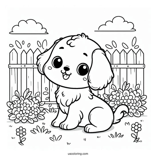 Coloring Sheet Of Cartoon Puppy In Backyard