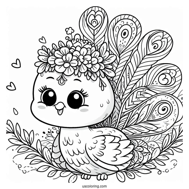 Smiling Cartoon Peacock Coloring Page with Floral Crown and Fanned Feathers For Kids