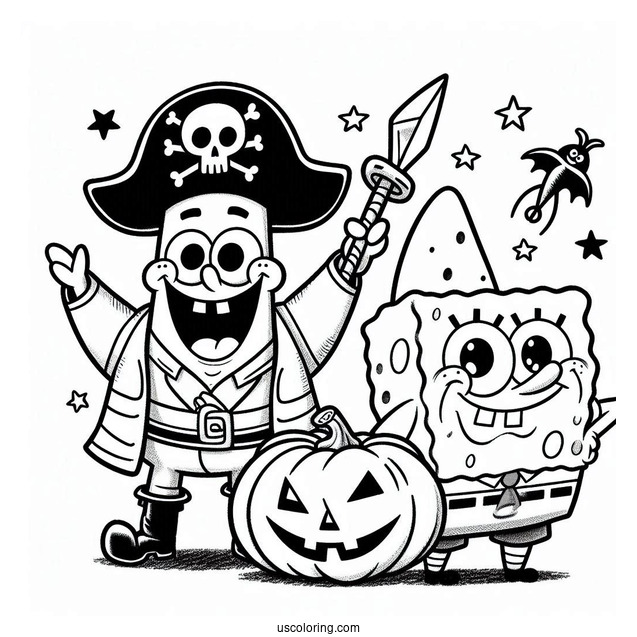 Pirate Patrick Star And SpongeBob Coloring Page On Halloween