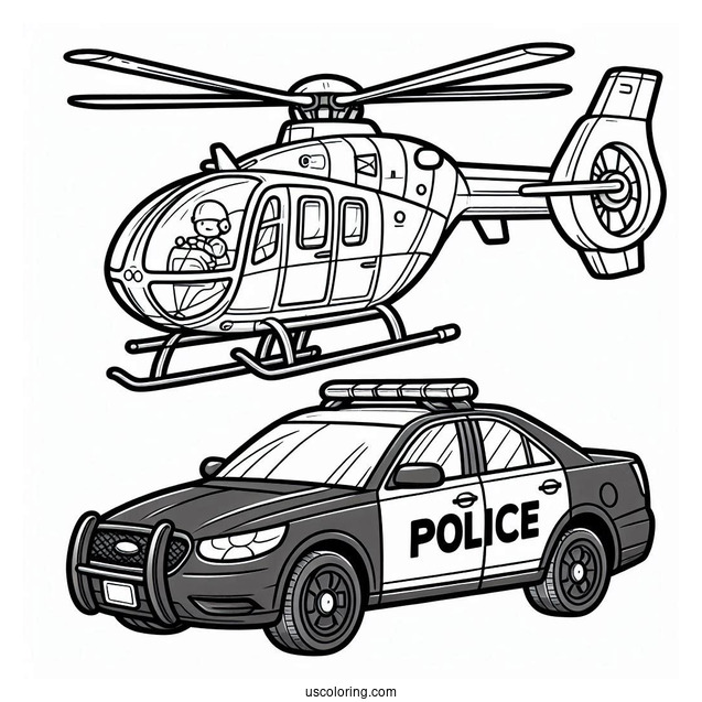 Helicopter Hovering Above A Police Car Coloring Page