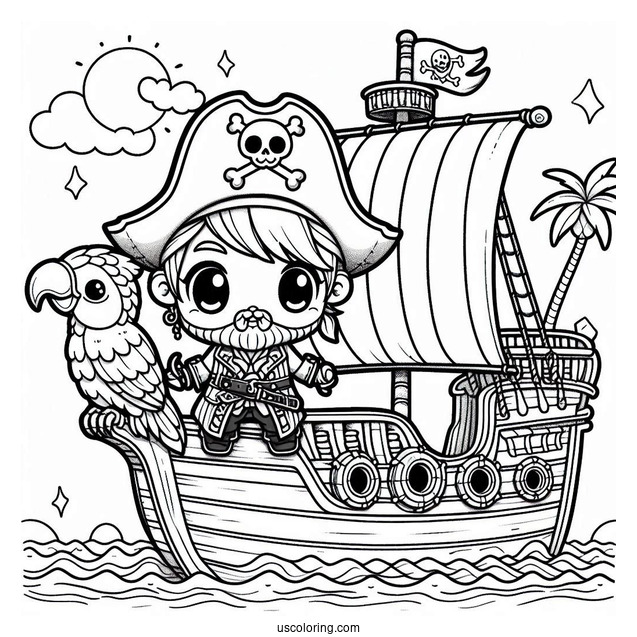 Adorable Chibi Pirates On A Pirate Ship Coloring Page With A Parrot