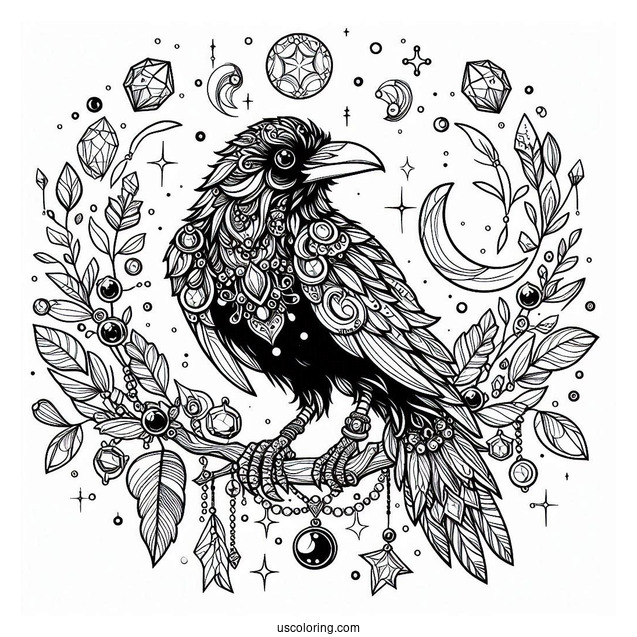 Raven Coloring Page Surrounded By Shiny Jewelry