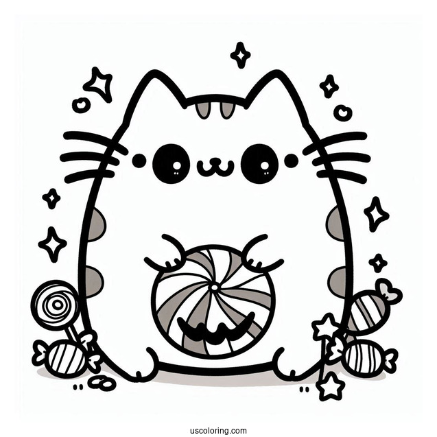 Pusheen With Halloween Candy Coloring Sheet