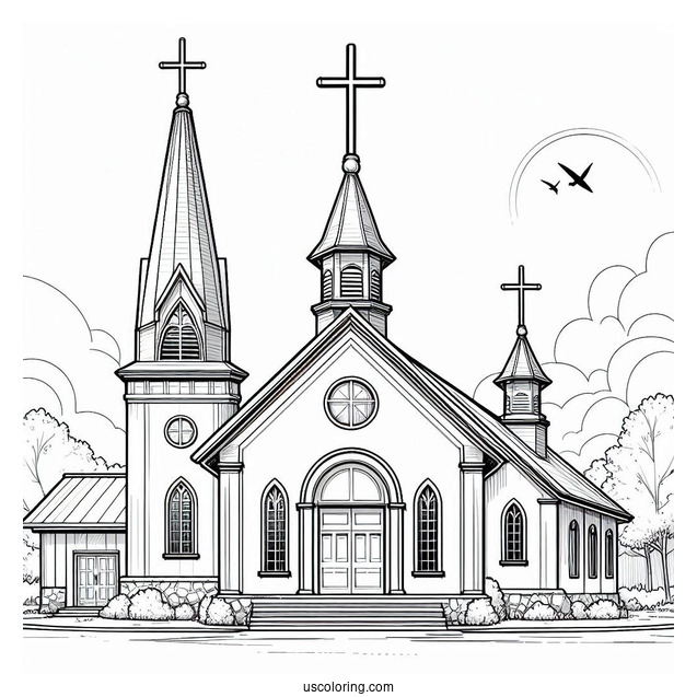 Realistic Church Coloring Page With Three Crosses At The Top