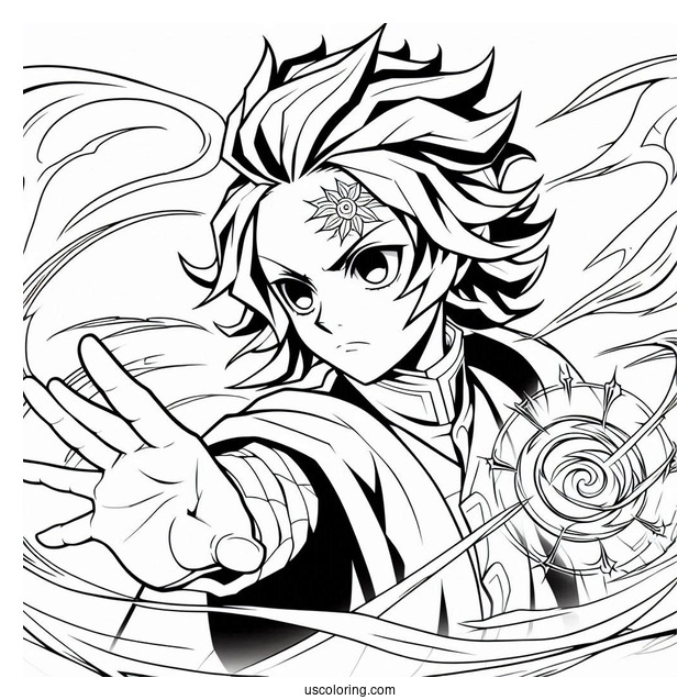 Tanjiro Coloring Page Using His Powers In Battle