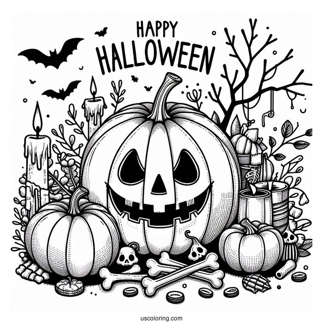 Pumpkin Coloring Page With Happy Halloween In Bones To Color