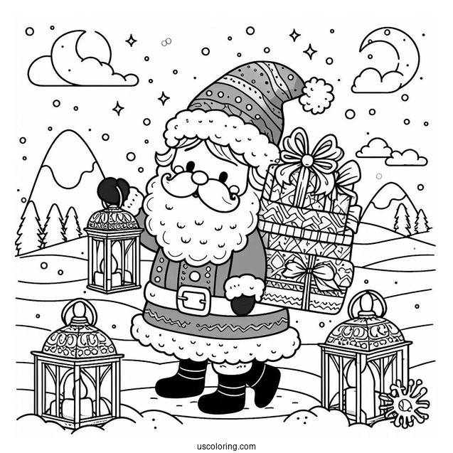 Santa Carrying Christmas Presents And Lanterns In The North Pole Coloring Page