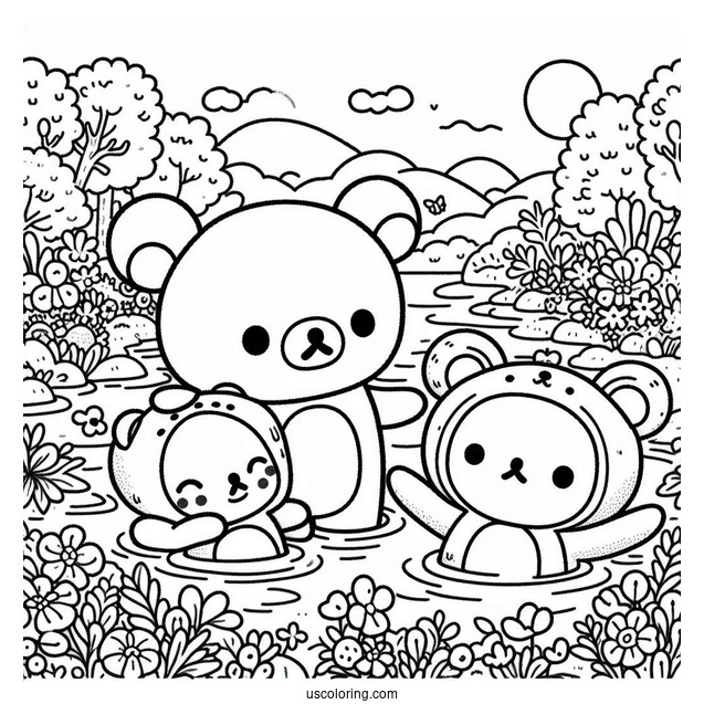 Rilakkuma Coloring Page And Korilakkuma In Otter Onesies Floating On The River With Kiiroitori