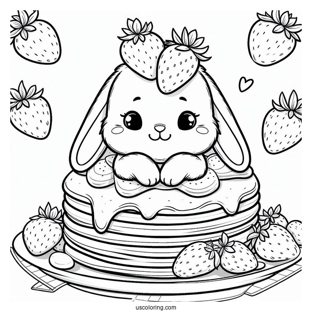 Adorable Bunny On Top Of Two Pancakes With Strawberries