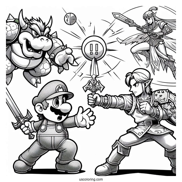 Super Smash Bros Coloring Page Of Mario Fighting Zelda