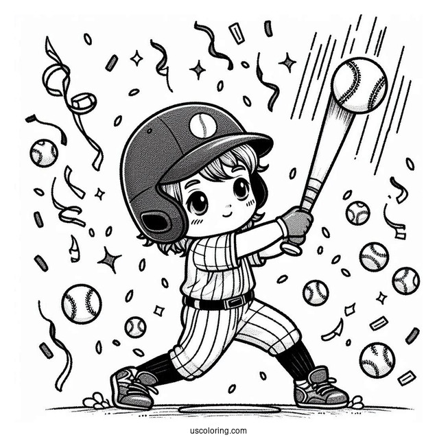 Kid Hitting Baseball Coloring Page with Confetti Celebration